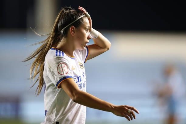 Athenea of Real Madrid Femenino during the UEFA Women's Champions League fixture between Manchester City and Real Madrid at The Academy Stadium on...