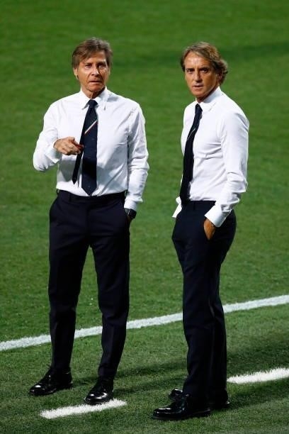 Team Manager Lele Oriali of Italy and Head coach Roberto Mancini of Italy look on prior to the 2022 FIFA World Cup Qualifier match between Italy and...