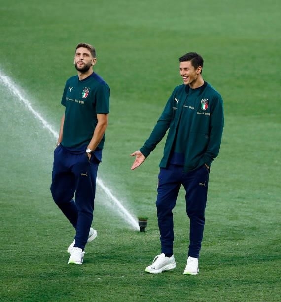 Domenico Berardi of Italy and Matteo Pessina of Italy look on prior to the 2022 FIFA World Cup Qualifier match between Italy and Lithuania at Mapei...