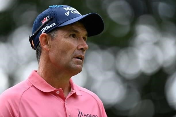 Ireland's Padraig Harrington gestures on the 14th on Day 1 of the PGA Championship at Wentworth Golf Club in Surrey, south west of London on...