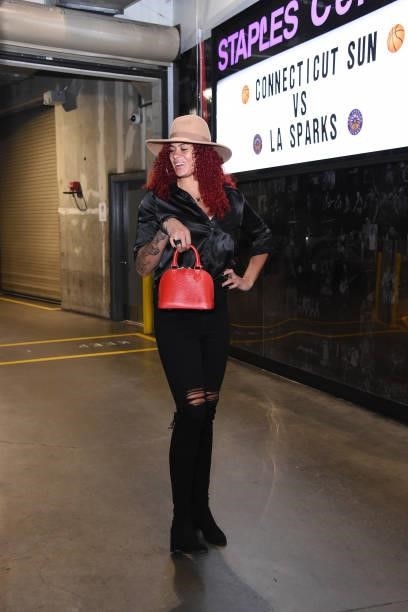Amanda Zahui B of the Los Angeles Sparks arrives to the arena before the game against the Connecticut Sun on September 9, 2021 at the Staples Center...