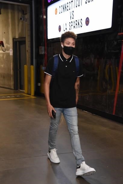 Natisha Hiedeman of the Connecticut Sun arrives to the arena before the game against the Los Angeles Sparks on September 9, 2021 at the Staples...