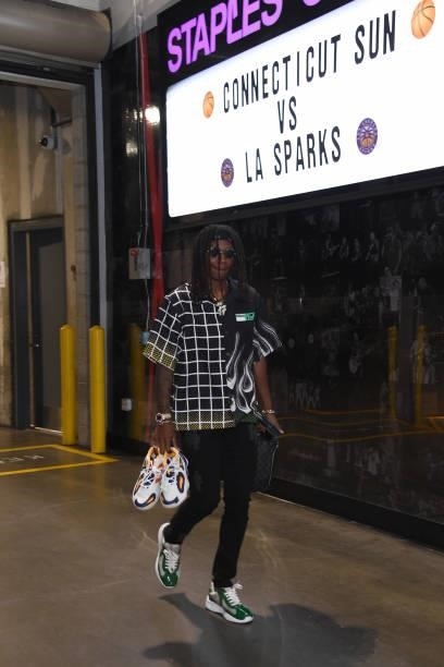 Erica Wheeler of the Los Angeles Sparks arrives to the arena before the game against the Connecticut Sun on September 9, 2021 at the Staples Center...