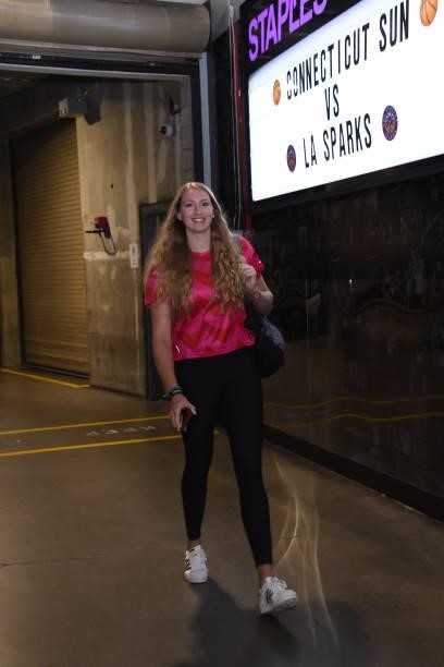 Lauren Cox of the Los Angeles Sparks arrives to the arena before the game against the Connecticut Sun on September 9, 2021 at the Staples Center in...
