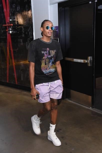 Brittney Sykes of the Los Angeles Sparks arrives to the arena before the game against the Connecticut Sun on September 9, 2021 at the Staples Center...