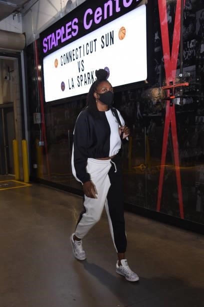 Nneka Ogwumike of the Los Angeles Sparks arrives to the arena before the game against the Connecticut Sun on September 9, 2021 at the Staples Center...