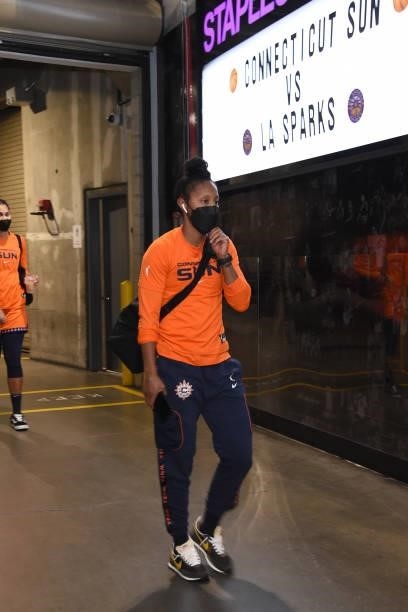 Briann January of the Connecticut Sun arrives to the arena before the game against the Los Angeles Sparks on September 9, 2021 at the Staples Center...