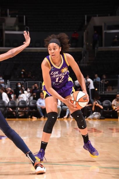 Nia Coffey of the Los Angeles Sparks handles the ball during the game against the Connecticut Sun on September 9, 2021 at the Staples Center in Los...