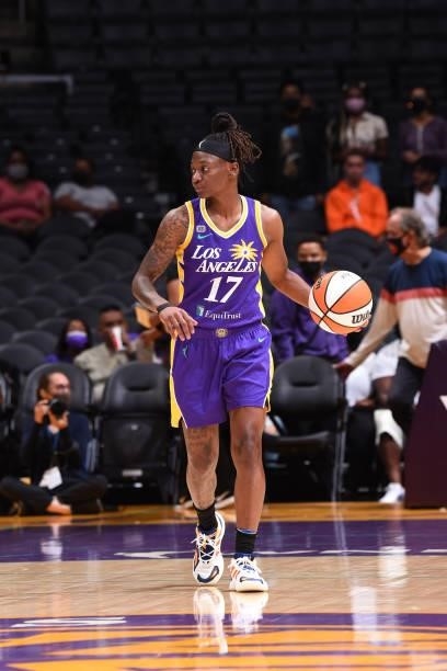 Erica Wheeler of the Los Angeles Sparks handles the ball during the game against the Connecticut Sun on September 9, 2021 at the Staples Center in...