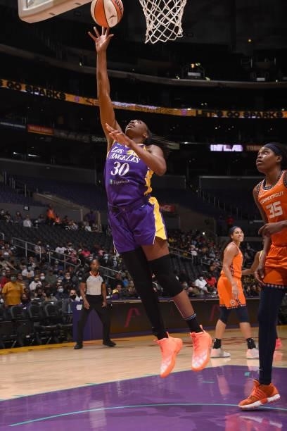 Nneka Ogwumike of the Los Angeles Sparks shoots the ball against the Connecticut Sun on September 9, 2021 at the Staples Center in Los Angeles,...
