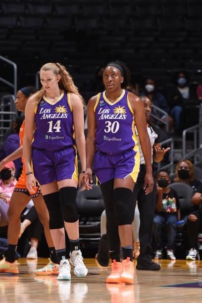 Nneka Ogwumike of the Los Angeles Sparks looks on during the game against the Connecticut Sun on September 9, 2021 at the Staples Center in Los...
