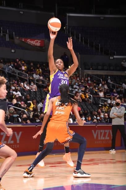 Nneka Ogwumike of the Los Angeles Sparks shoots the ball during the game against the Connecticut Sun on September 9, 2021 at the Staples Center in...