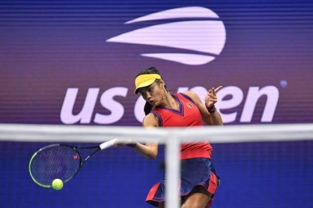 Britain's Emma Raducanu hits a return to Greece's Maria Sakkari during their 2021 US Open Tennis tournament women's semifinal match at the USTA...