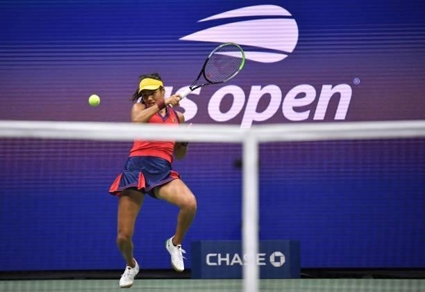 Britain's Emma Raducanu hits a return to Greece's Maria Sakkari during their 2021 US Open Tennis tournament women's semifinal match at the USTA...
