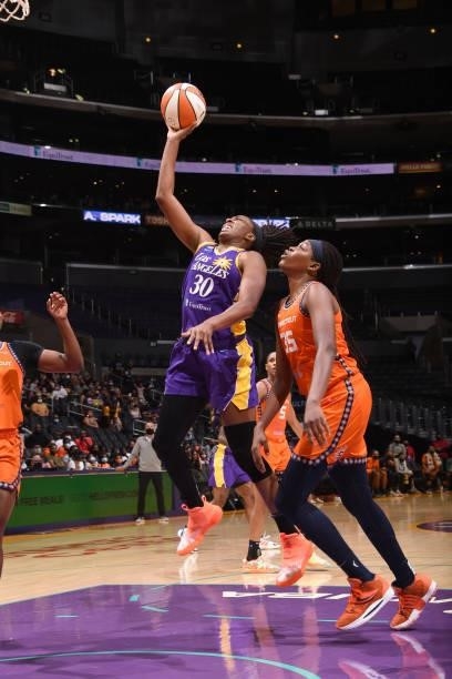 Nneka Ogwumike of the Los Angeles Sparks drives to the basket during the game against the Connecticut Sun on September 9, 2021 at the Staples Center...