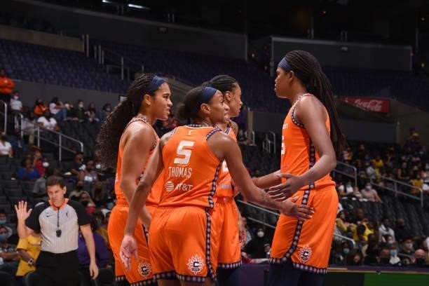 The Connecticut Sun huddle up during the game against the Los Angeles Sparks on September 9, 2021 at the Staples Center in Los Angeles, California....