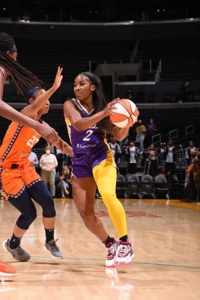 Te'a Cooper of the Los Angeles Sparks handles the ball during the game against the Connecticut Sun on September 9, 2021 at the Staples Center in Los...