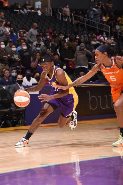 Erica Wheeler of the Los Angeles Sparks drives to the basket during the game against the Connecticut Sun on September 9, 2021 at the Staples Center...
