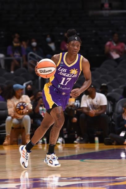 Erica Wheeler of the Los Angeles Sparks handles the ball during the game against the Connecticut Sun on September 9, 2021 at the Staples Center in...