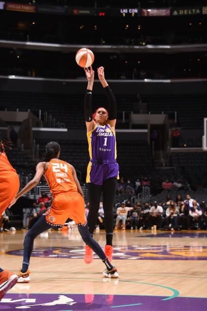Amanda Zahui B of the Los Angeles Sparks shoots the ball against the Connecticut Sun on September 9, 2021 at the Staples Center in Los Angeles,...