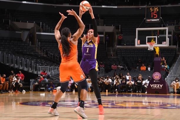 Amanda Zahui B of the Los Angeles Sparks handles the ball during the game against the Connecticut Sun on September 9, 2021 at the Staples Center in...