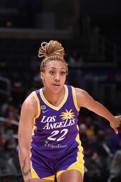 Arella Guirantes of the Los Angeles Sparks looks on during the game against the Connecticut Sun on September 9, 2021 at the Staples Center in Los...
