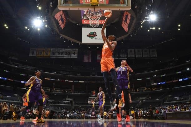 DeWanna Bonner of the Connecticut Sun drives to the basket against the Los Angeles Sparks on September 9, 2021 at the Staples Center in Los Angeles,...