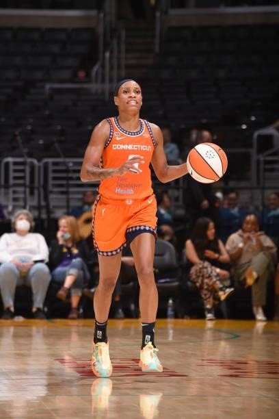 Jasmine Thomas of the Connecticut Sun handles the ball during the game against the Los Angeles Sparks on September 9, 2021 at the Staples Center in...