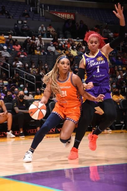 DiJonai Carrington of the Connecticut Sun handles the ball during the game against the Los Angeles Sparks on September 9, 2021 at the Staples Center...