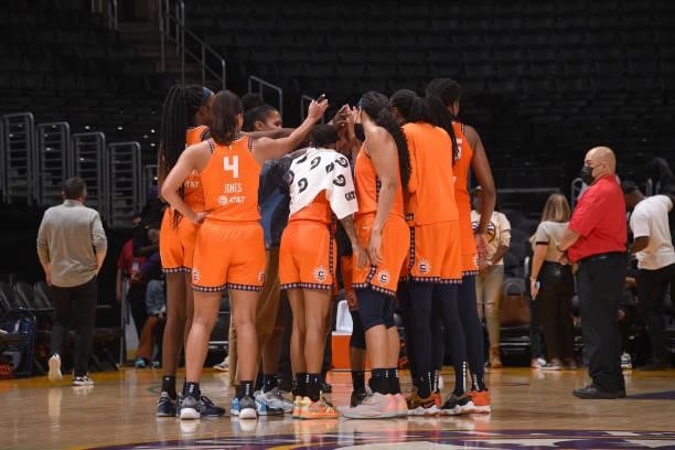 The Connecticut Sun huddle up before the game against the Los Angeles Sparks on September 9, 2021 at the Staples Center in Los Angeles, California....
