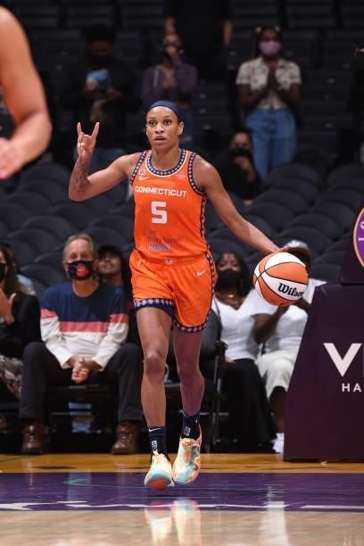 Jasmine Thomas of the Connecticut Sun handles the ball during the game against the Los Angeles Sparks on September 9, 2021 at the Staples Center in...