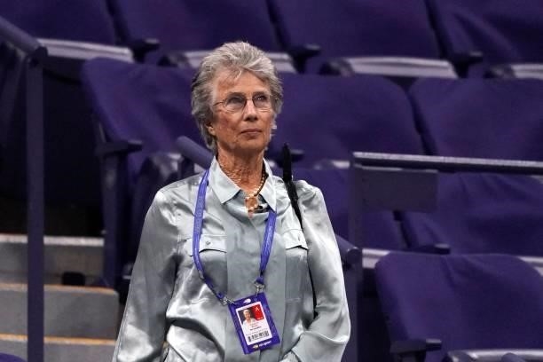 Former British professional tennis player Virginia Wade leaves after the 2021 US Open Tennis tournament women's semifinal match between Greece's...