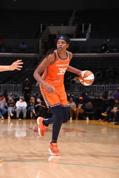 Jonquel Jones of the Connecticut Sun handles the ball during the game against the Los Angeles Sparks on September 9, 2021 at the Staples Center in...