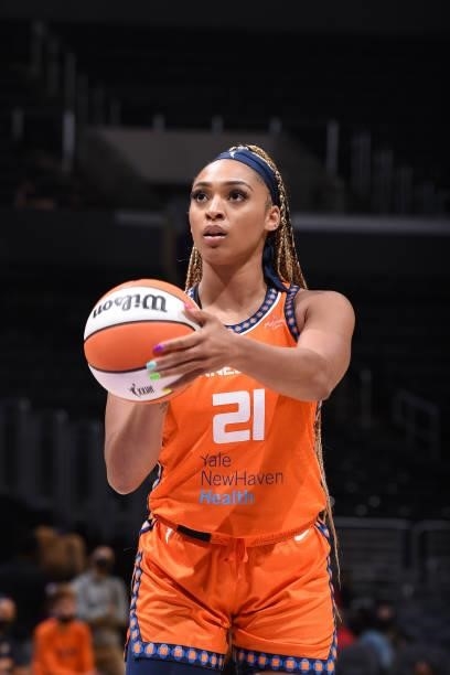DiJonai Carrington of the Connecticut Sun shoots a free throw against the Los Angeles Sparks on September 9, 2021 at the Staples Center in Los...