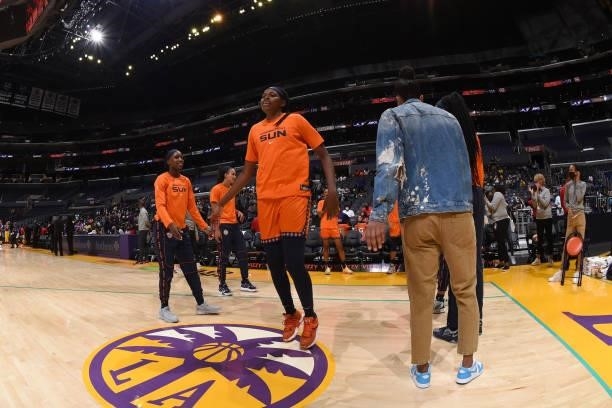Jonquel Jones of the Connecticut Sun enters the court before the game against the Los Angeles Sparks on September 9, 2021 at the Staples Center in...