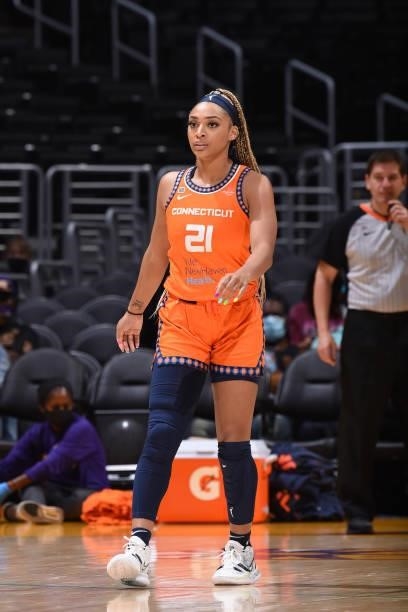 DiJonai Carrington of the Connecticut Sun looks on during the game against the Los Angeles Sparks on September 9, 2021 at the Staples Center in Los...