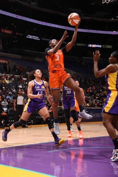 Kaila Charles of the Connecticut Sun drives to the basket against the Los Angeles Sparks on September 9, 2021 at the Staples Center in Los Angeles,...