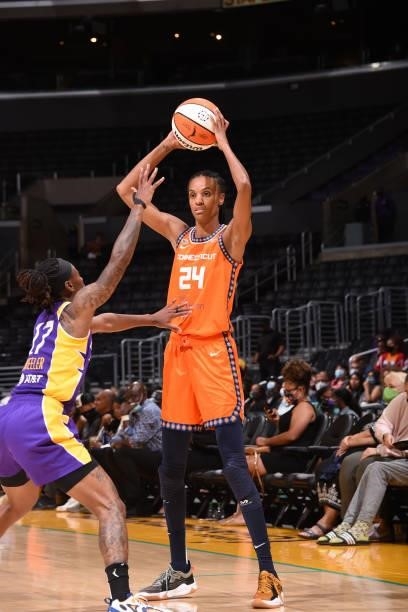 DeWanna Bonner of the Connecticut Sun handles the ball during the game against the Los Angeles Sparks on September 9, 2021 at the Staples Center in...