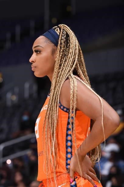 Close-up of DiJonai Carrington of the Connecticut Sun during the game against the Los Angeles Sparks on September 9, 2021 at the Staples Center in...