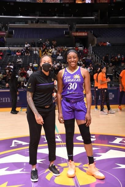 Nneka Ogwumike of the Los Angeles Sparks and Assistant Coach of the Los Angeles Sparks, Seimone Augustus are honored for being named on the WNBA's...