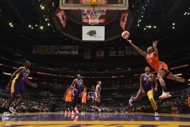 Jasmine Thomas of the Connecticut Sun drives to the basket against the Los Angeles Sparks on September 9, 2021 at the Staples Center in Los Angeles,...