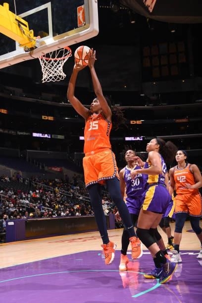 Jonquel Jones of the Connecticut Sun rebounds the ball during the game against the Los Angeles Sparks on September 9, 2021 at the Staples Center in...