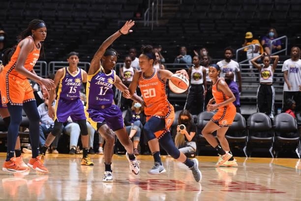 Briann January of the Connecticut Sun handles the ball during the game against the Los Angeles Sparks on September 9, 2021 at the Staples Center in...