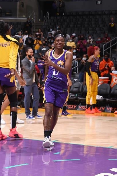 Erica Wheeler of the Los Angeles Sparks smiles before the game against the Connecticut Sun on September 9, 2021 at the Staples Center in Los Angeles,...