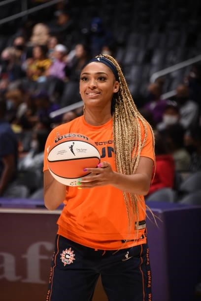 DiJonai Carrington of the Connecticut Sun handles the ball before the game against the Los Angeles Sparks on September 9, 2021 at the Staples Center...