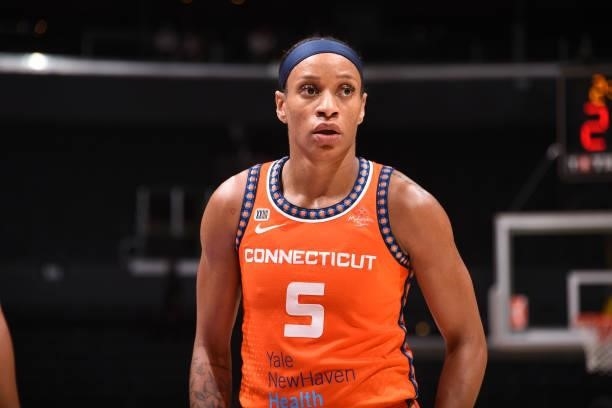 Jasmine Thomas of the Connecticut Sun looks on during the game against the Los Angeles Sparks on September 9, 2021 at the Staples Center in Los...