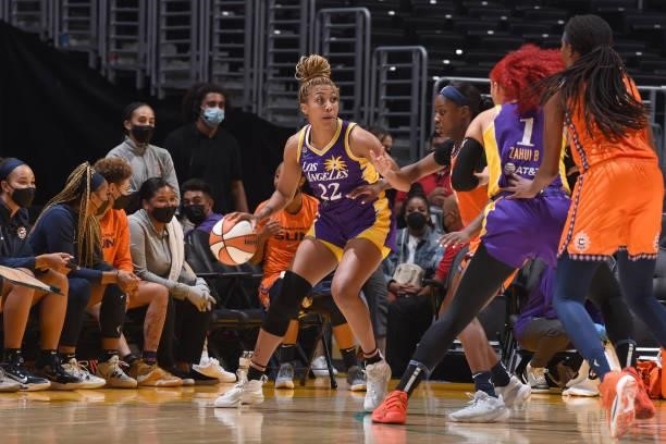 Arella Guirantes of the Los Angeles Sparks handles the ball during the game against the Connecticut Sun on September 9, 2021 at the Staples Center in...