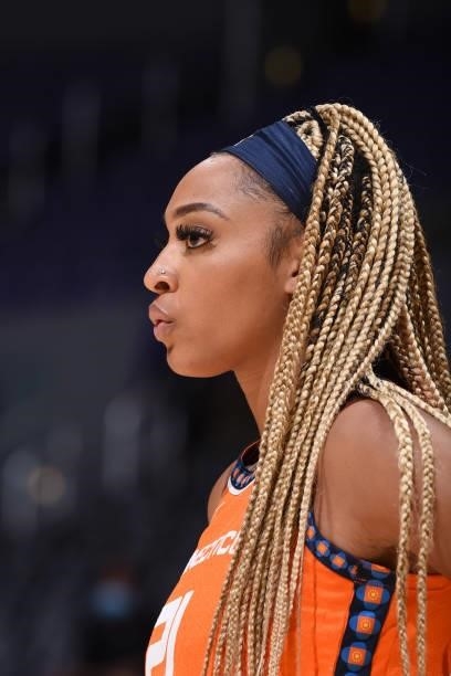 Close-up of DiJonai Carrington of the Connecticut Sun during the game against the Los Angeles Sparks on September 9, 2021 at the Staples Center in...
