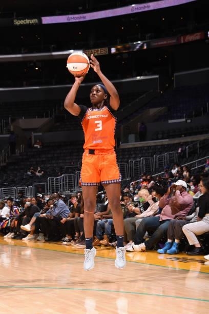Kaila Charles of the Connecticut Sun shoots the ball against the Los Angeles Sparks on September 9, 2021 at the Staples Center in Los Angeles,...