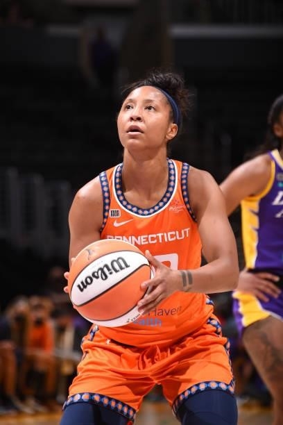 Briann January of the Connecticut Sun shoots a free throw against the Los Angeles Sparks on September 9, 2021 at the Staples Center in Los Angeles,...